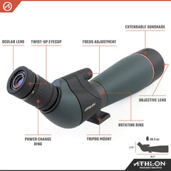 Athlon Talos spotting scope straight body enables ergonomic, steady viewing.