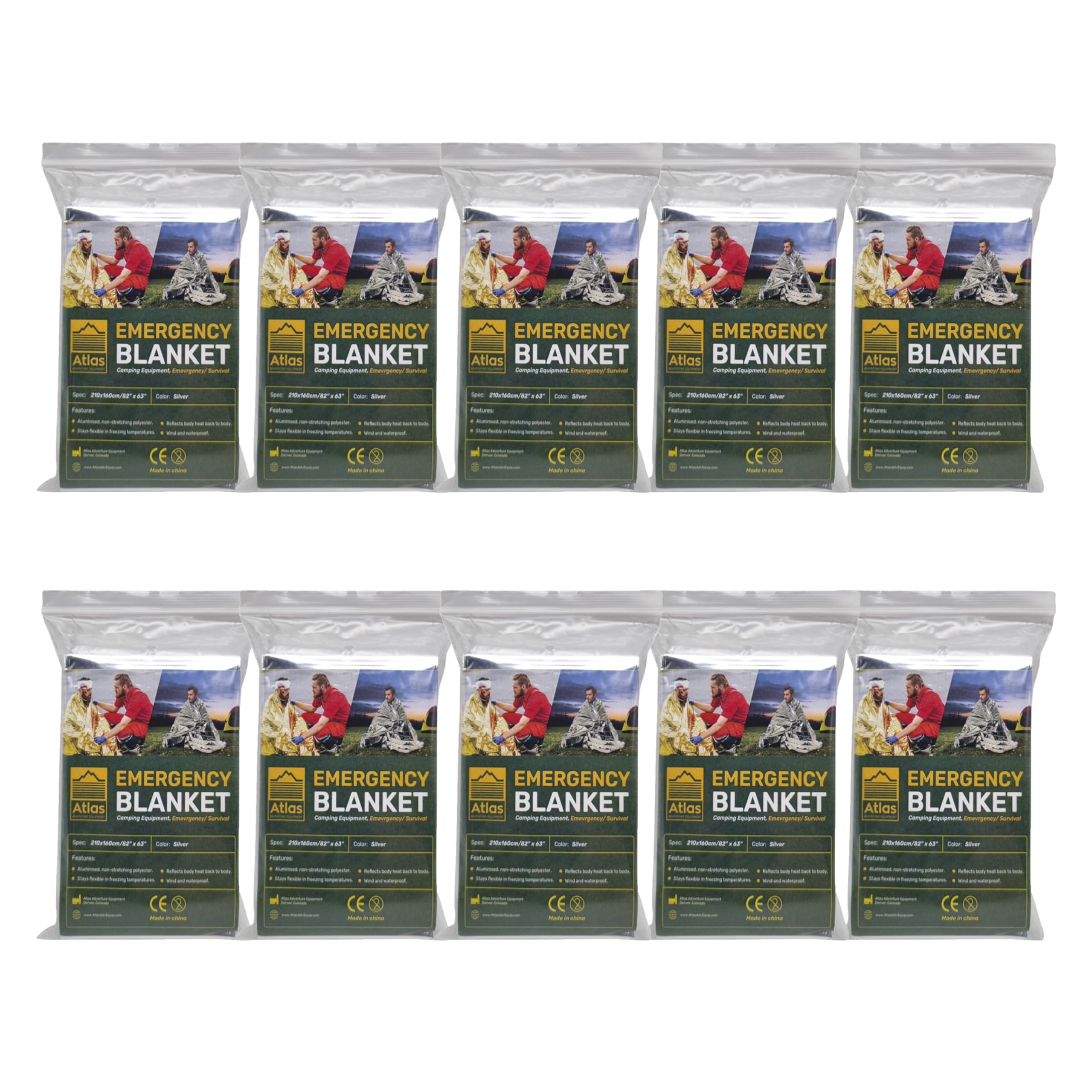 Atlas emergency blanket 82x63 inches, provides durable warmth in cold weather.