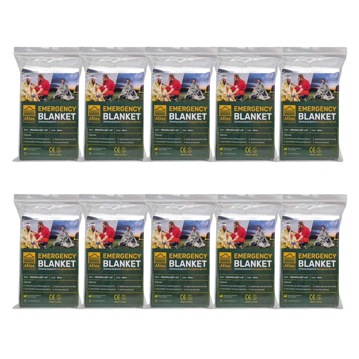 Atlas emergency blanket 82x63 inches, provides durable warmth in cold weather.