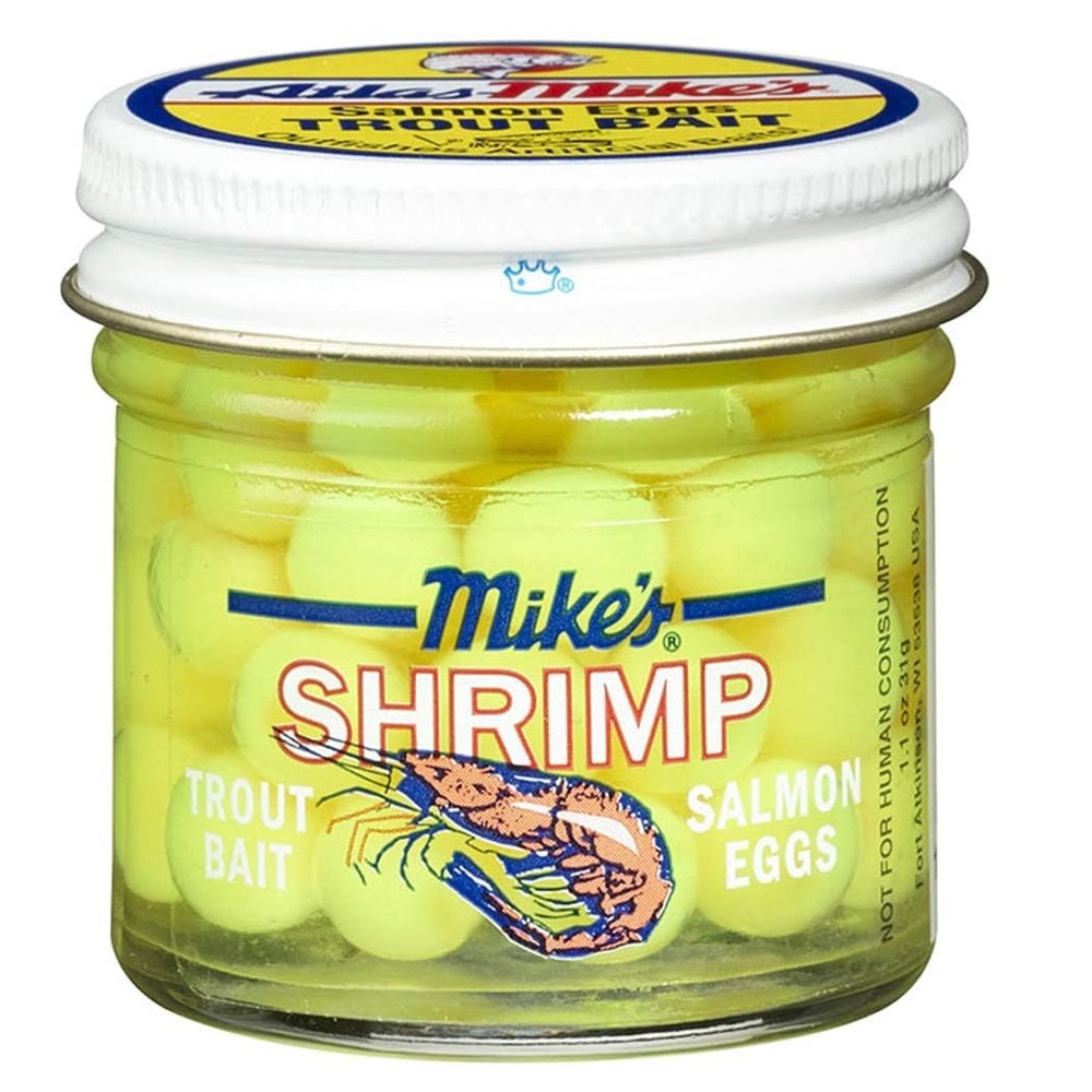 Atlas Mike's 1014 Shrimp Eggs yellow bottle close-up for attractant use in freshwater fishing.