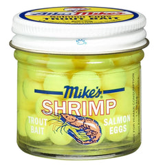 Atlas Mike's 1014 Shrimp Eggs yellow bottle close-up for attractant use in freshwater fishing.