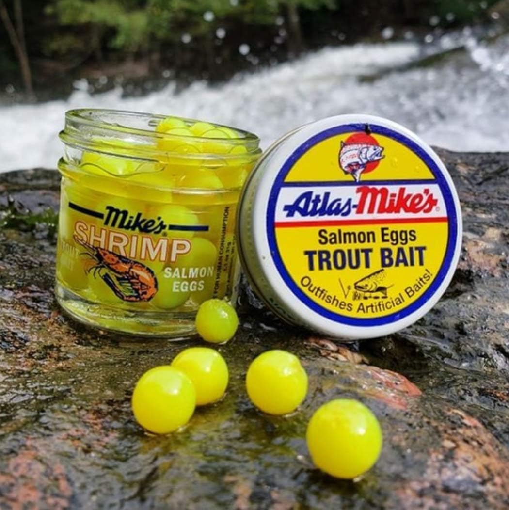 Atlas Mike's 1014 Shrimp Eggs yellow label close-up highlighting potent scents for trout and salmon.