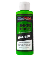 Atlas Mike's 6520 Lunker Lotion halibut bottle with rich scent to attract fish