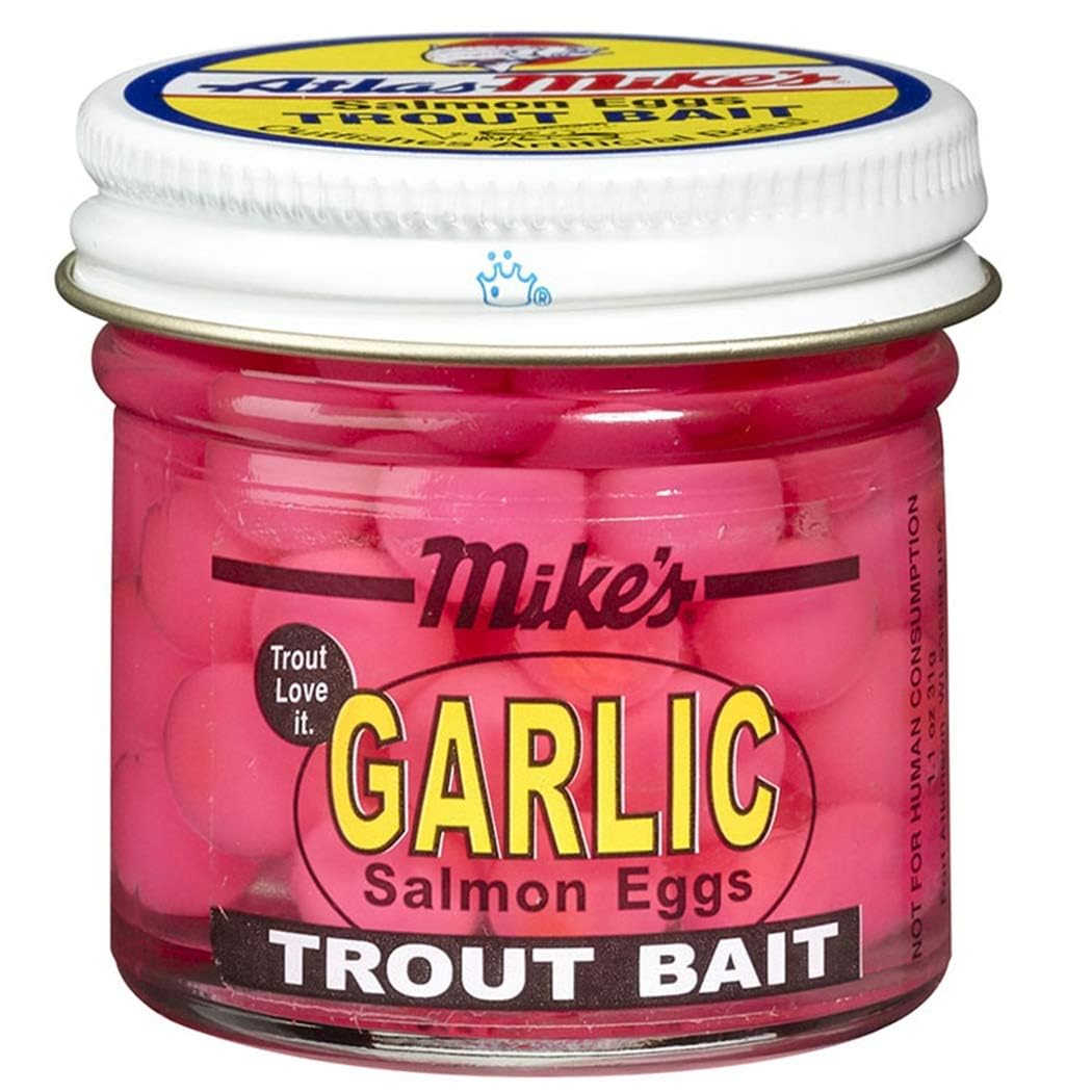 Atlas Mike's Garlic Salmon Egg Trout Bait Pink 1035 - 1.6 oz jar close-up