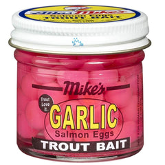 Atlas Mike's Garlic Salmon Egg Trout Bait Pink 1035 - 1.6 oz jar close-up