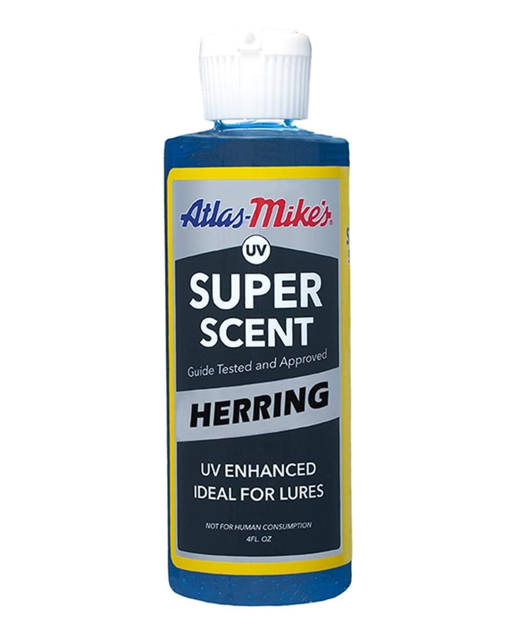 Atlas Mike's Herring UV Super Scent bottle with blue label for fishing bait