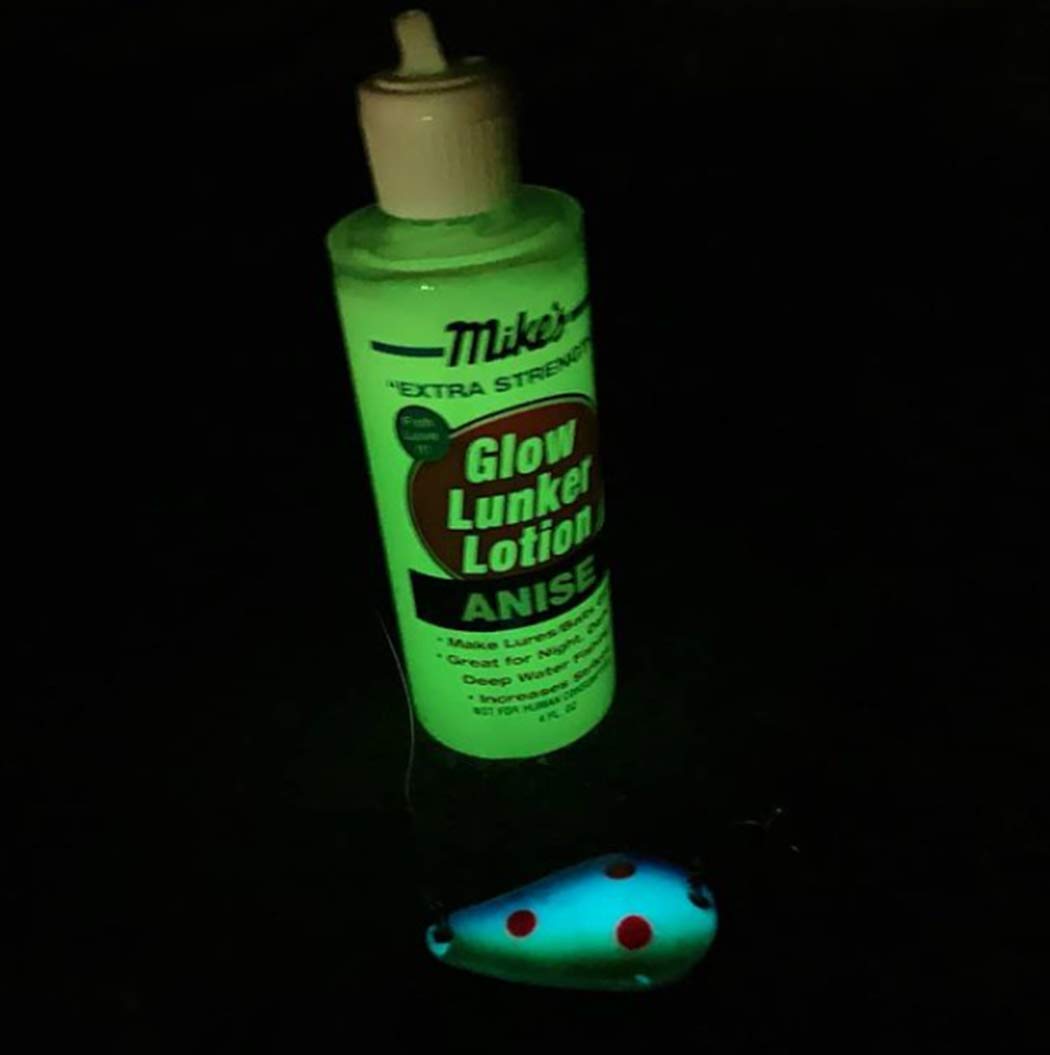 Atlas Mike's Lunker Lotion Anise Glow on-lure application for night fishing.