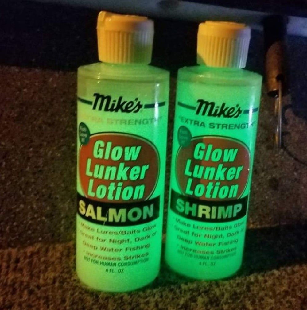 Atlas Mike's Lunker Lotion Anise Glow on lure shows glow and scent benefits.
