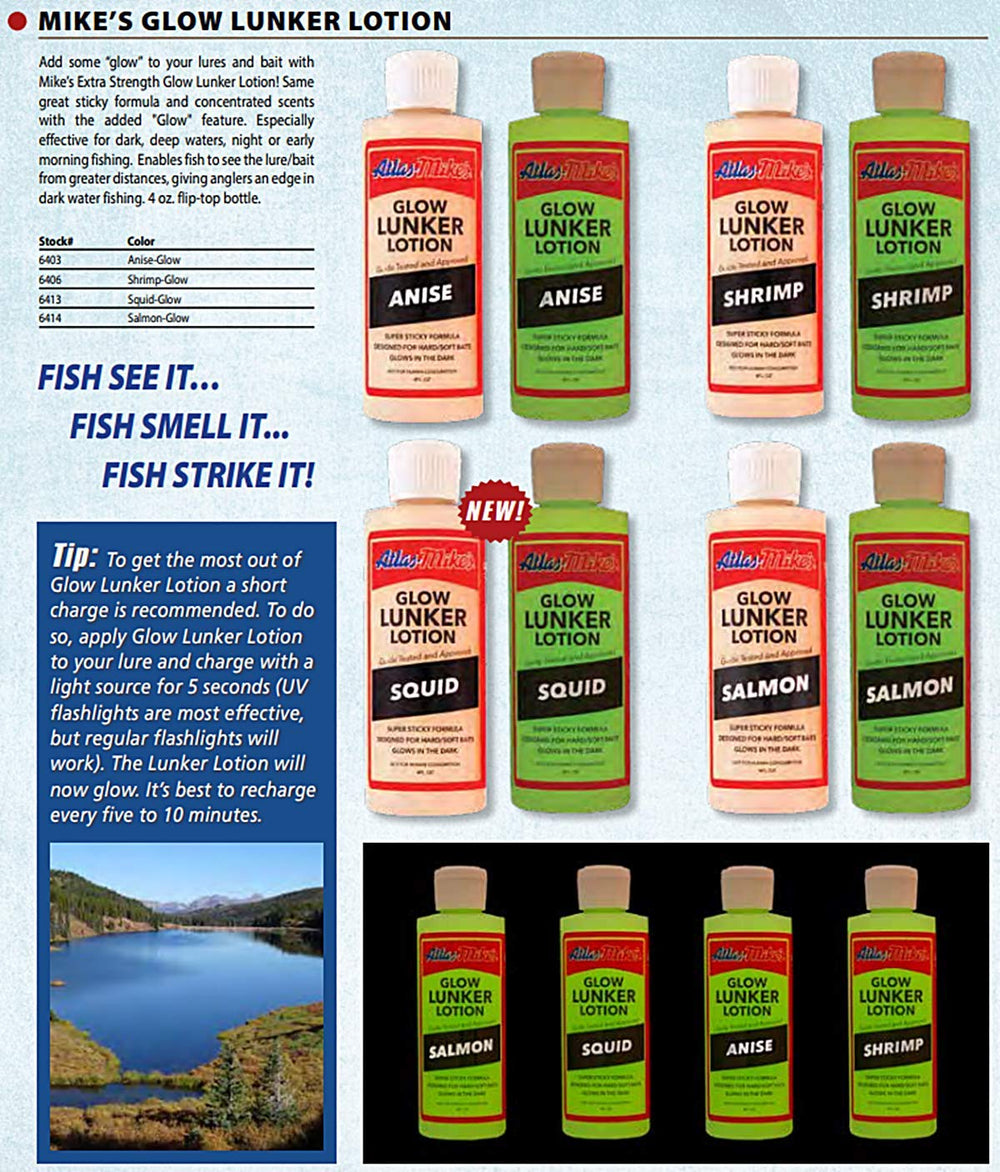 Atlas Mike's Lunker Lotion Anise Glow packaging for salt and freshwater use.