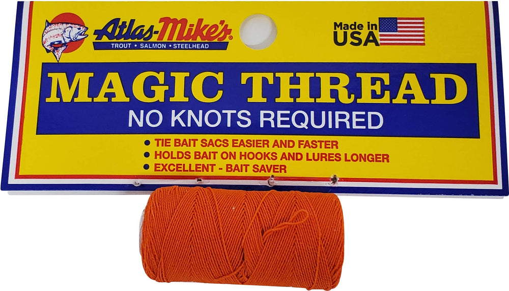 Atlas Mike's Magic Thread spool enables fast sac tying with no knots, saving time on fishing.