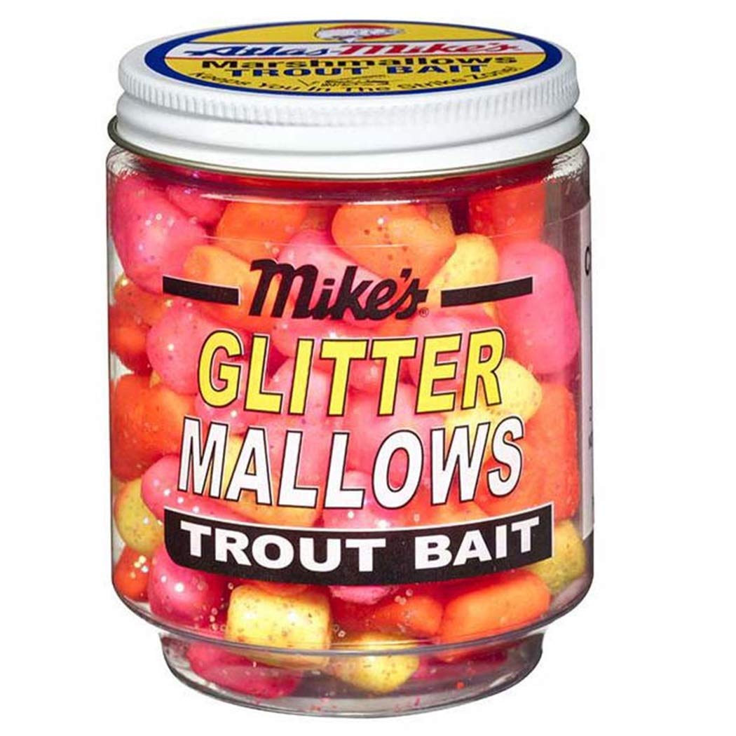 Atlas Mike's Marshmallow Cheese Salmon Bait Eggs in assorted colors inside a resealable 1.5 oz jar