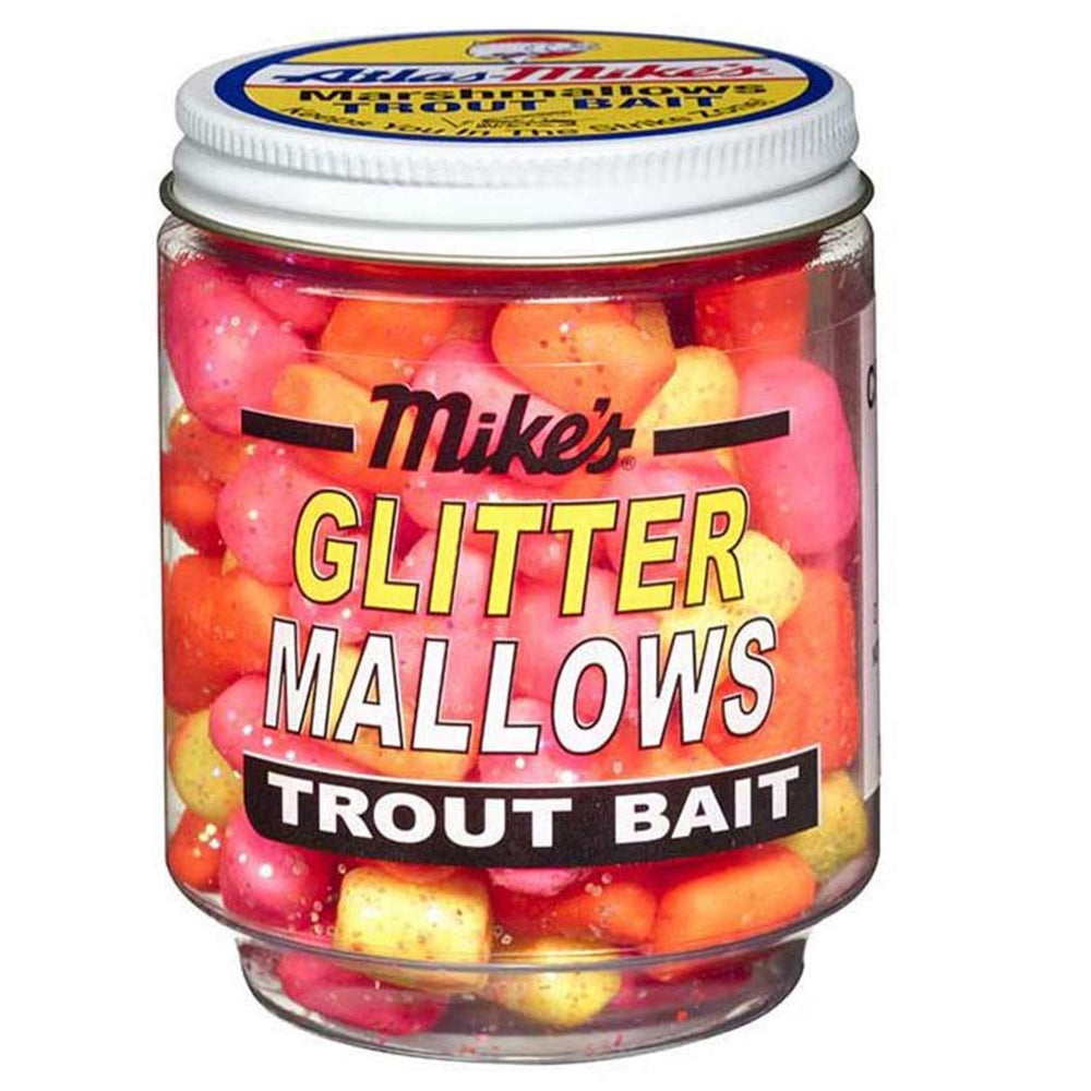 Atlas Mike's Marshmallow Cheese Salmon Bait Eggs in assorted colors inside a resealable 1.5 oz jar