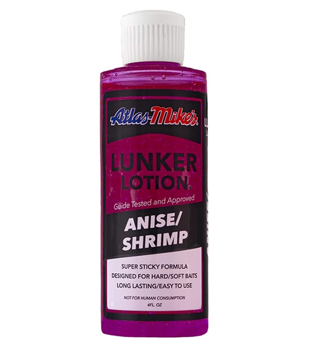 Atlas Mike's Shrimp Lunker Lotion Fish Attractant bottle red 4 oz front view