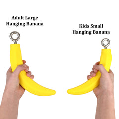 Atomik Rock Climbing hanging banana training setup helps improve grip and shoulder mobility.
