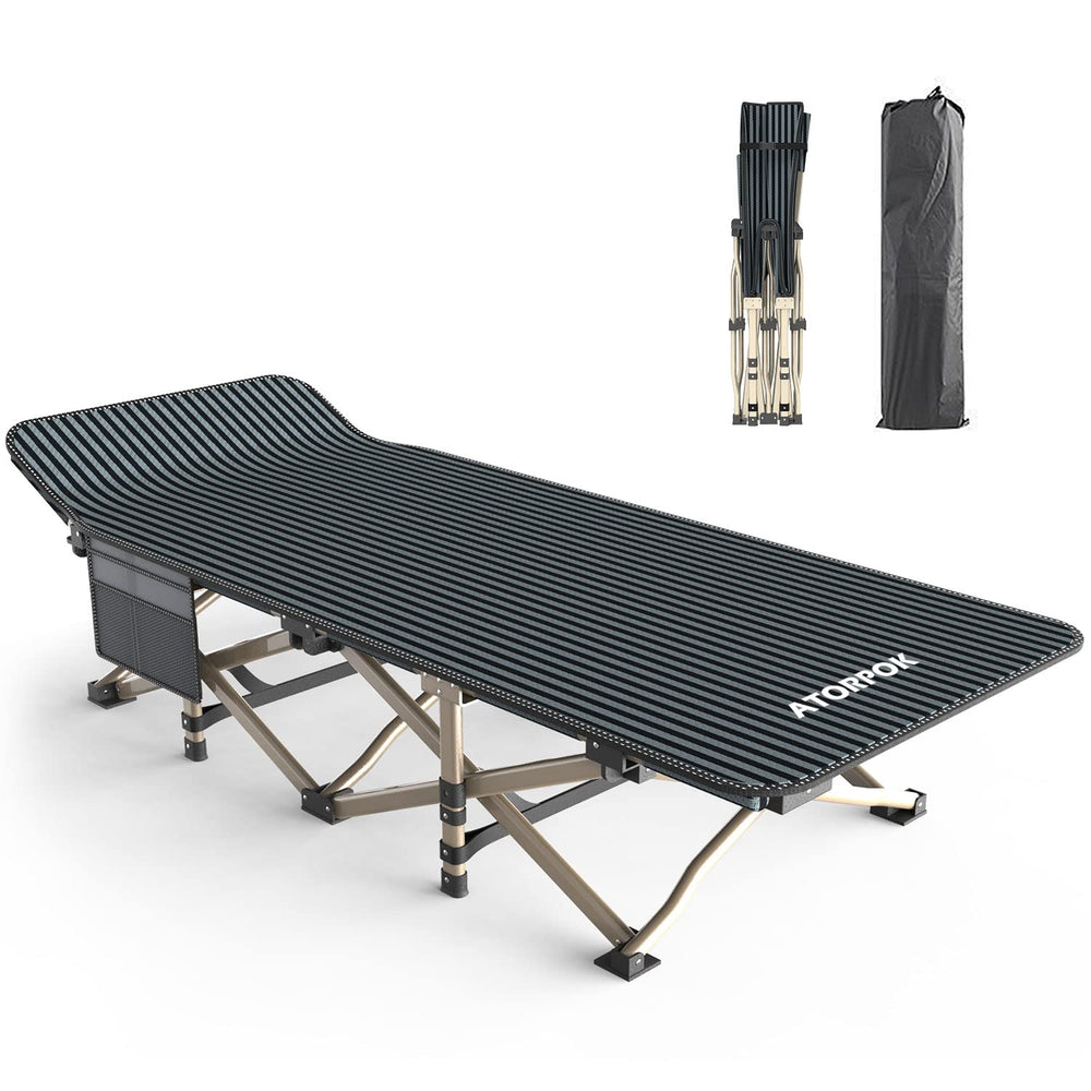ATORPOK camping cot open to full size for spacious, stable sleep.