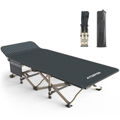 ATORPOK camping cot open to full size for spacious, stable sleep.