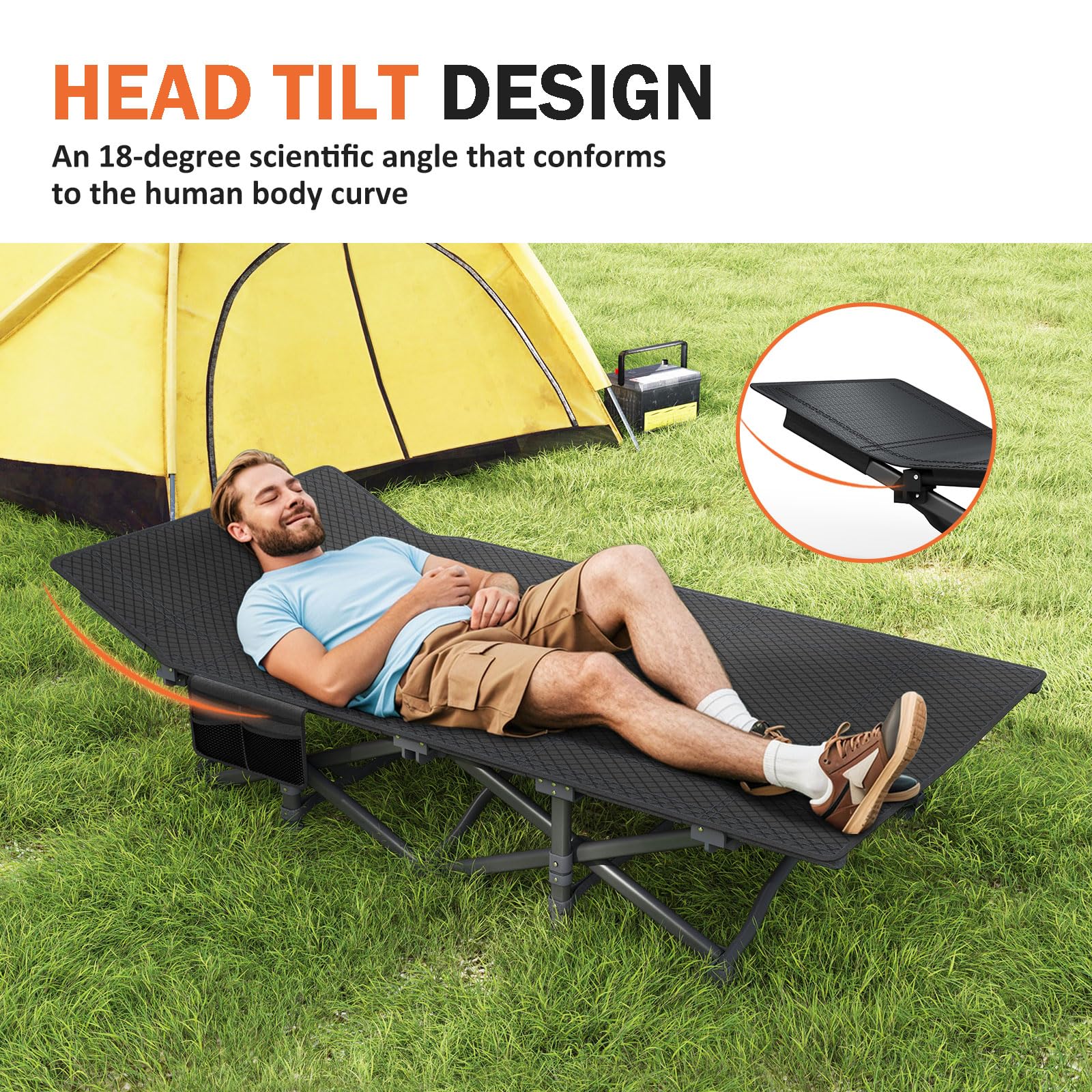 ATORPOK camping cot gray outdoor-use scene suggests versatile camping and travel comfort.
