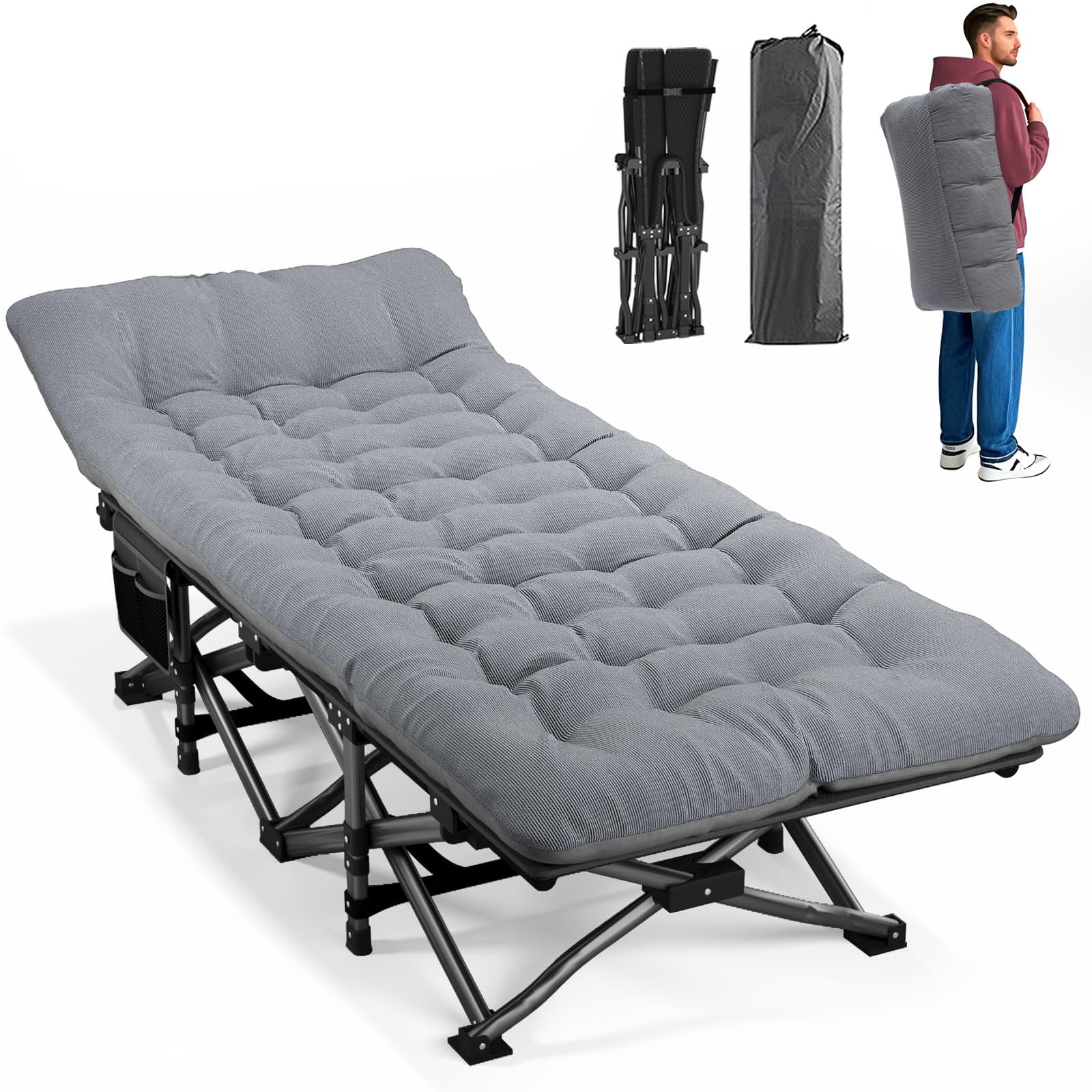 ATORPOK camping cot gray setup demonstrates quick, tool-free portability.