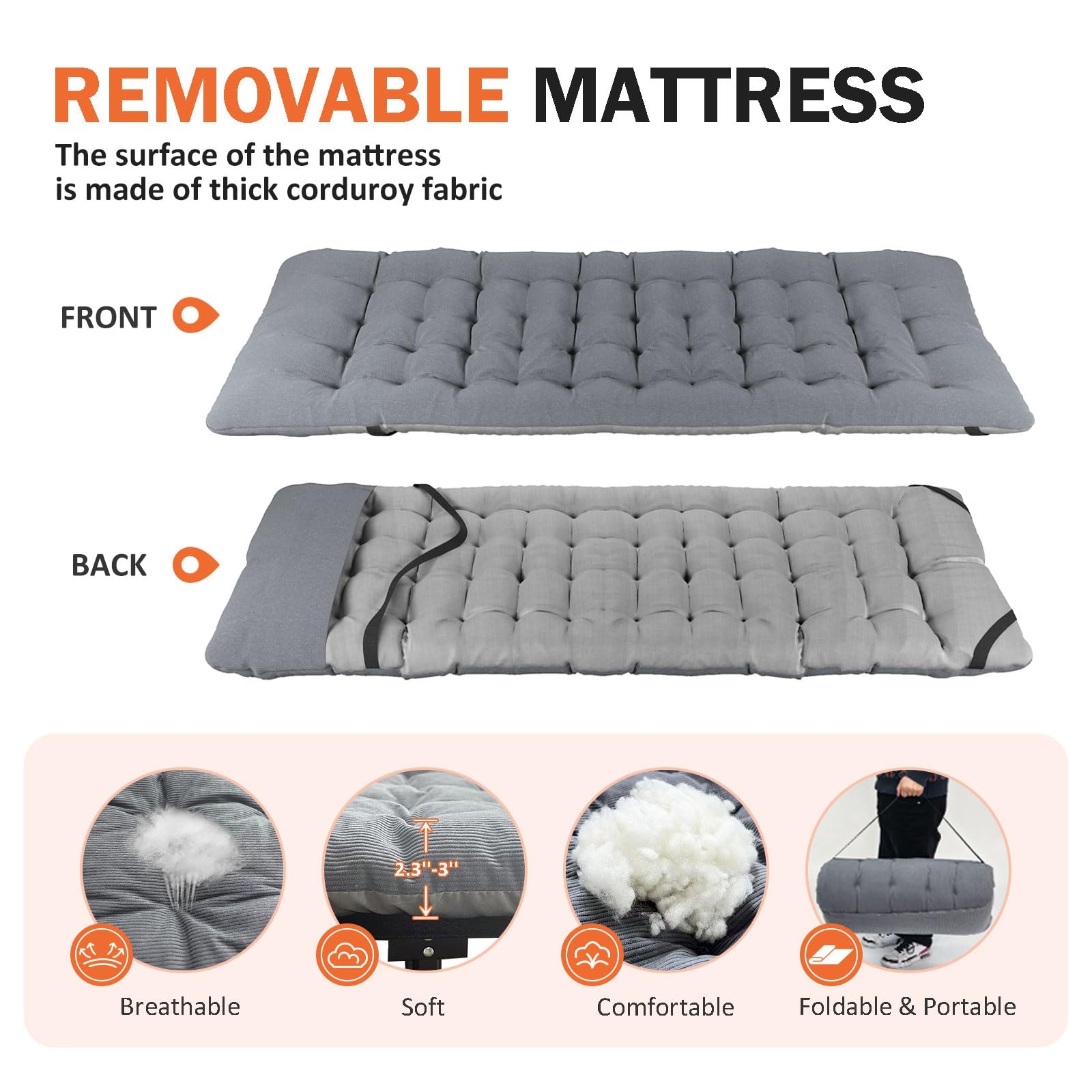 ATORPOK camping cot gray storage pocket detail shows easy-access essentials.