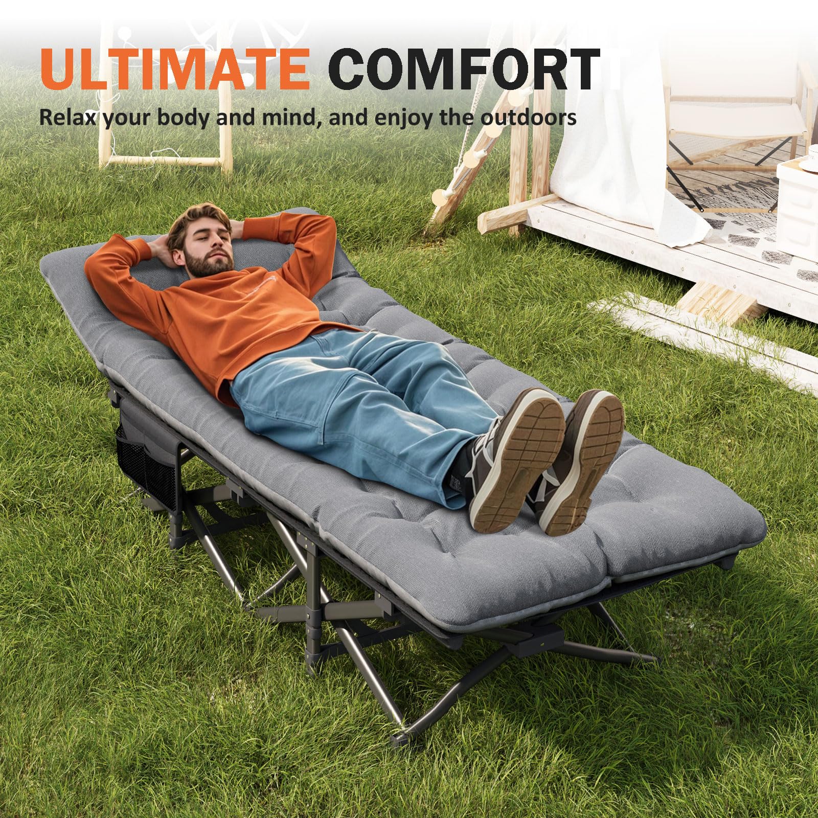 ATORPOK camping cot gray weight capacity emphasis highlights robust durability.