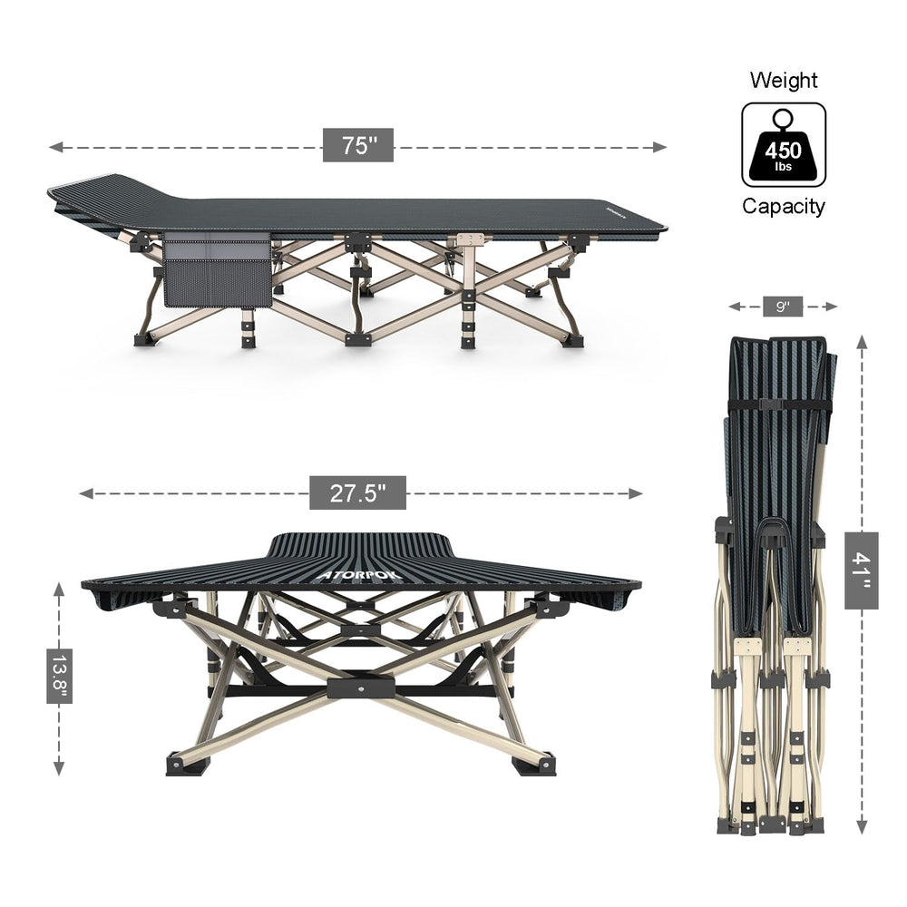 ATORPOK camping cot with portable storage bag for easy transport.