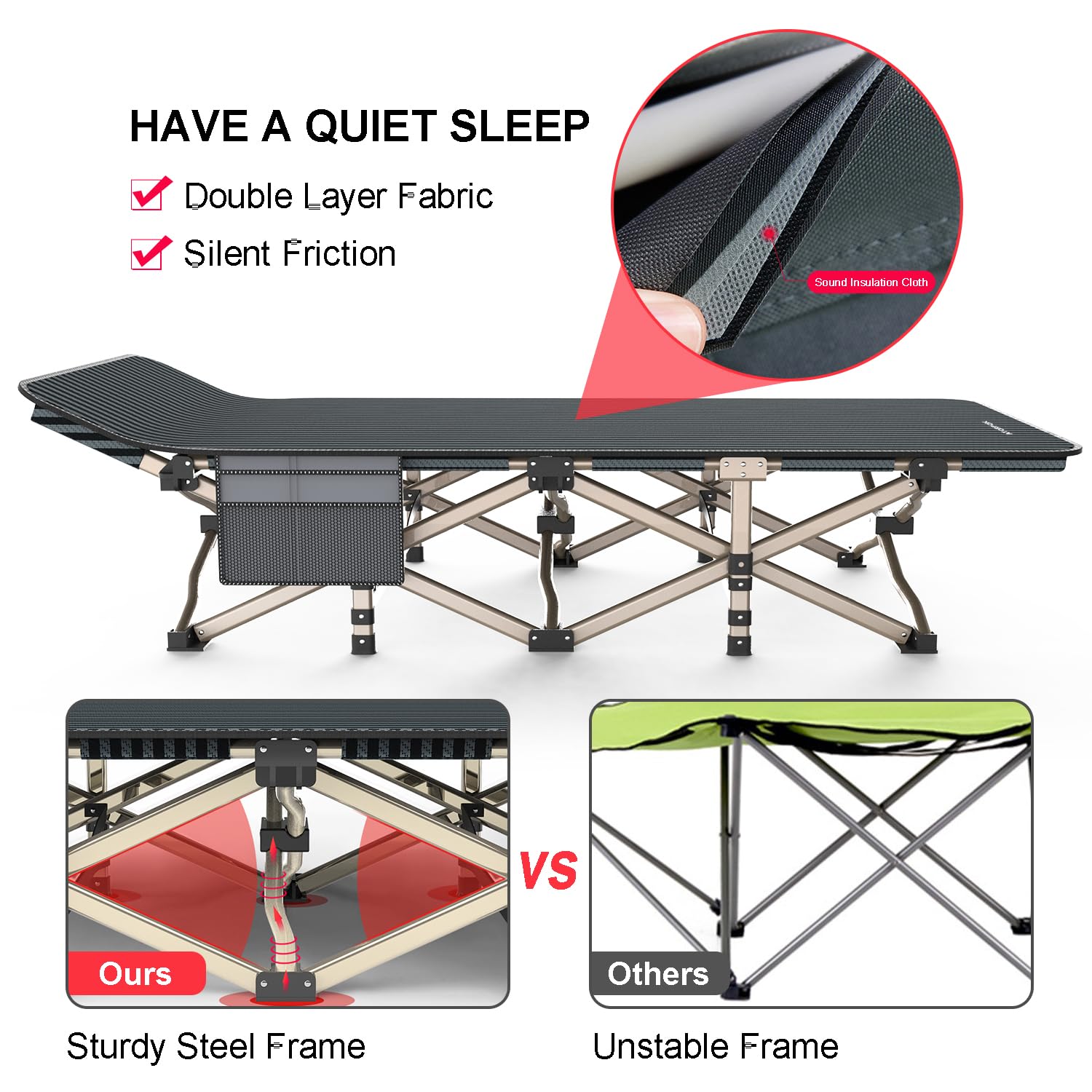 ATORPOK camping cot heavy-duty steel frame with X-shaped support ensures stability.