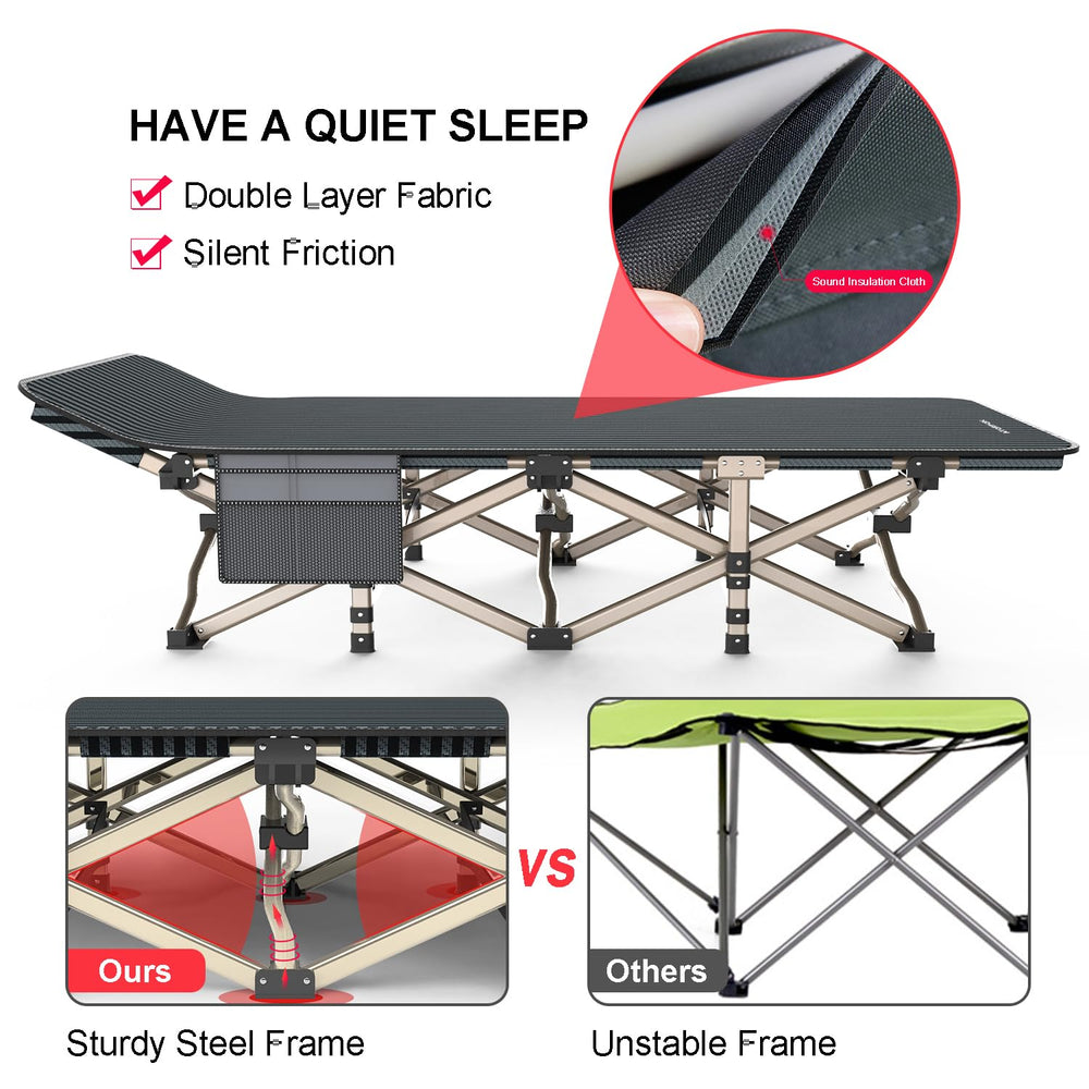 ATORPOK camping cot heavy-duty steel frame with X-shaped support ensures stability.