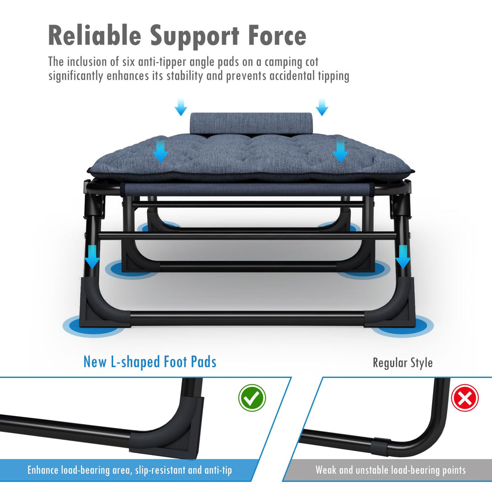 ATORPOK cot with X-brace delivers stable support on uneven ground.