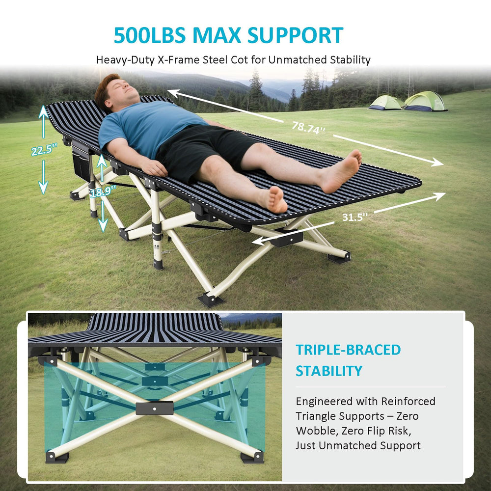 ATORPOK cot fabric 600D resists water and cleans easily for outdoors.