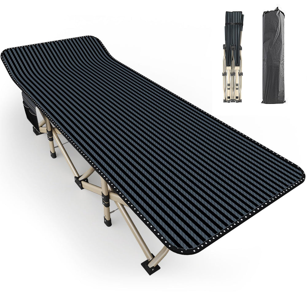ATORPOK oversized camping cot folded for compact storage and quick setup.