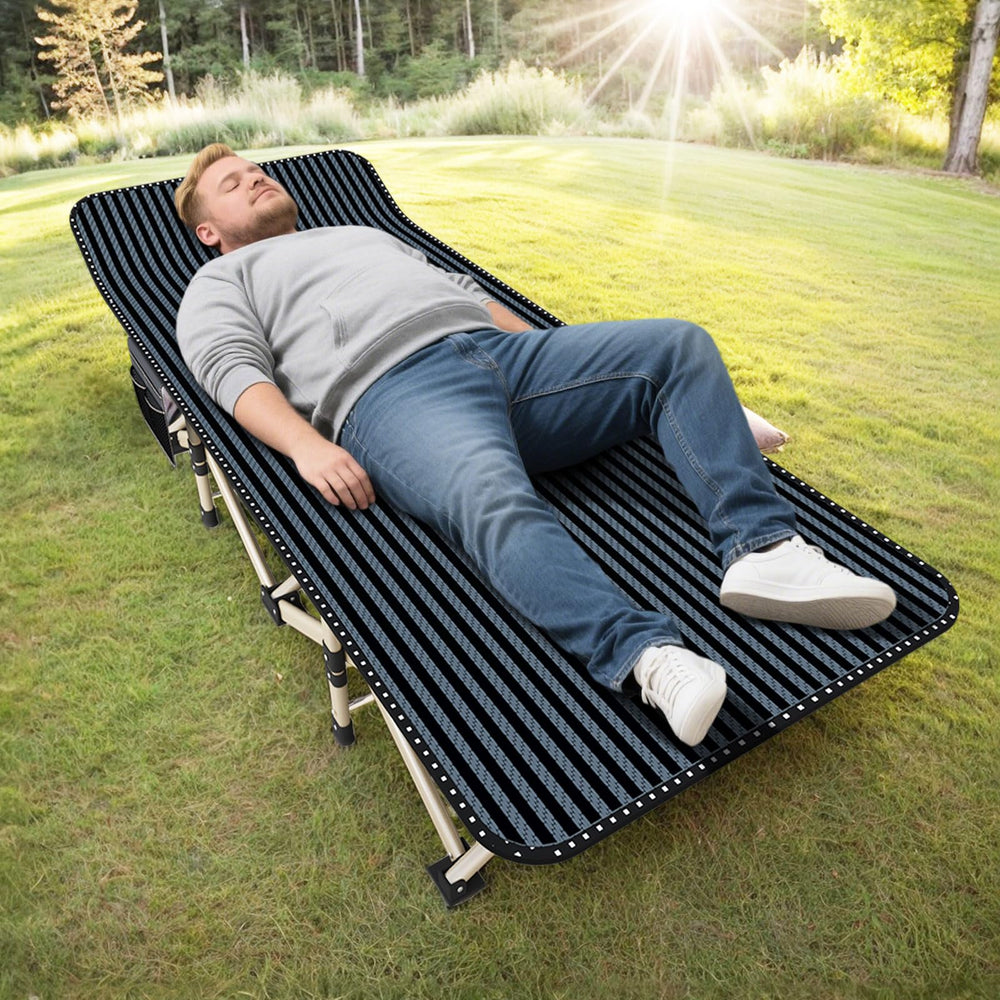 ATORPOK oversized camping cot fully set up for outdoor sleep comfort.