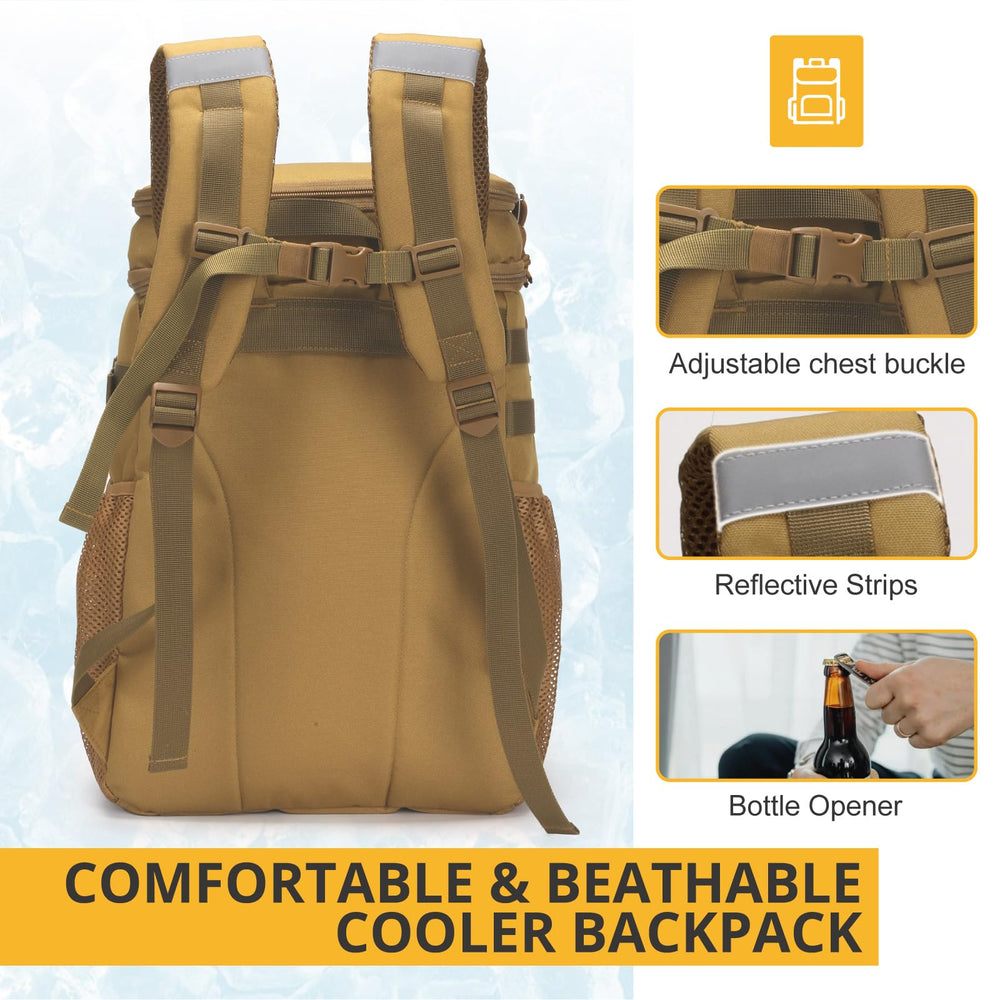 ATRIPACK Tactical Backpack Cooler camping-use scenario highlights versatile beach, hike, picnic readiness.