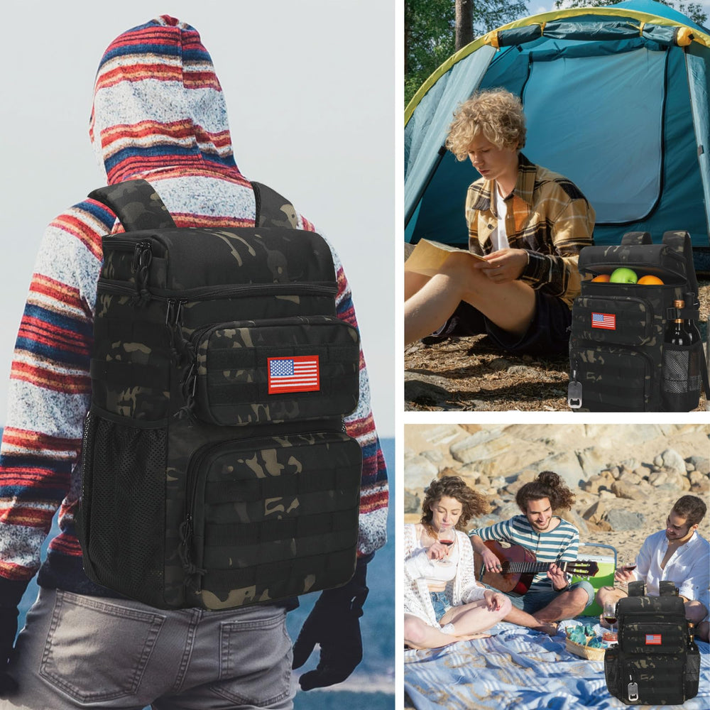 ATRIPACK Tactical Backpack Cooler side view with MOLLE and patches for customizable storage options.