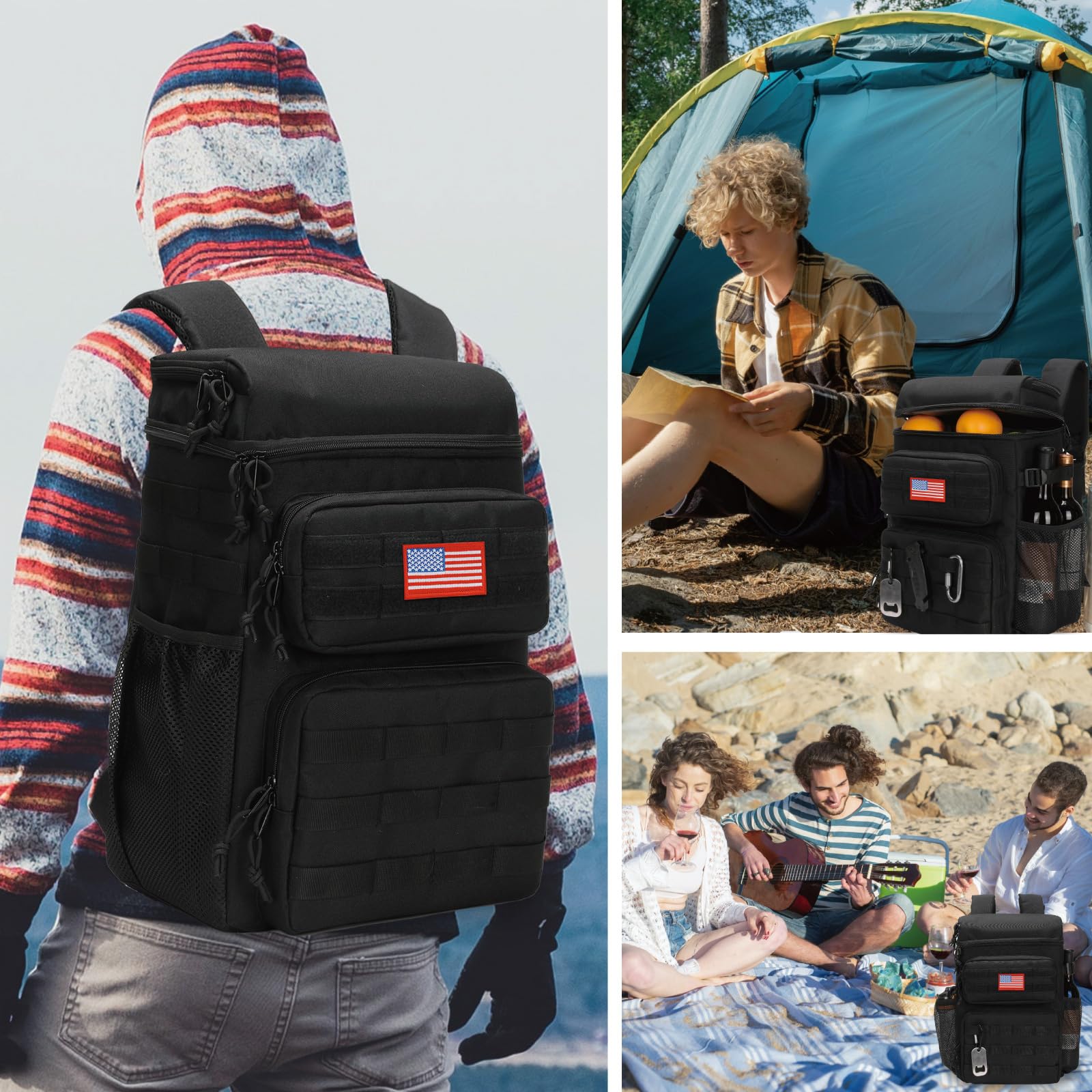 ATRIPACK tactical backpack cooler side pocket organization shows seven compartments for snacks and gear.