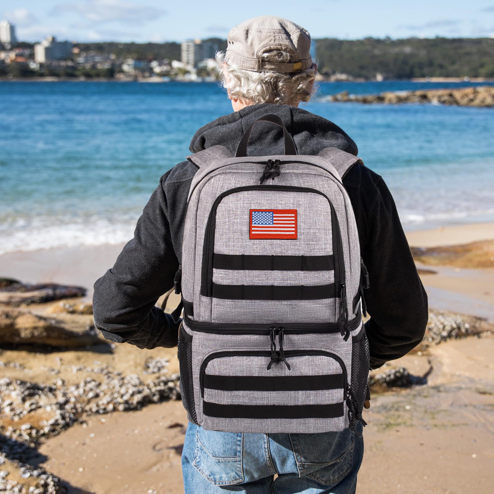 ATRIPACK tactical double-deck cooler backpack bottom-compartment detail highlights cold storage for beverages and ice packs.