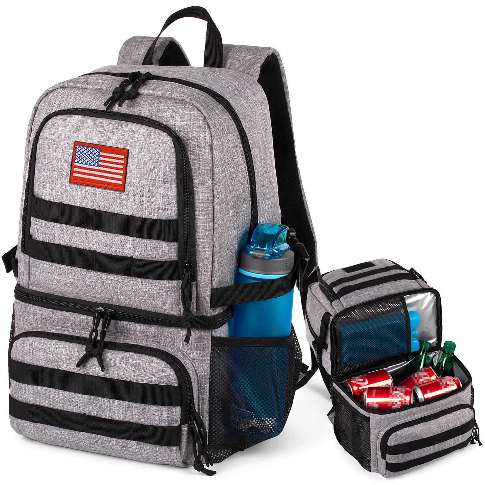 ATRIPACK tactical double-deck cooler backpack front view shows large capacity for meals and drinks.