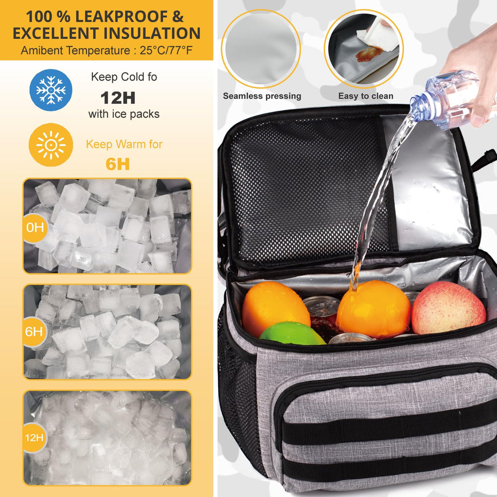 ATRIPACK tactical double-deck cooler backpack top-compartment demonstrates dry-item organization for snacks and meals.