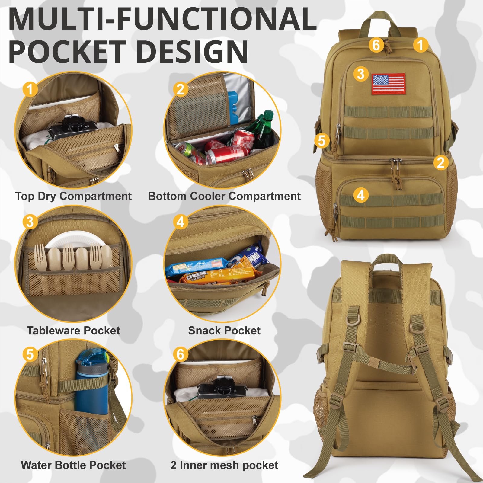 ATRIPACK Tactical Double Deck Cooler Backpack upper dry-item compartment for snacks and meals