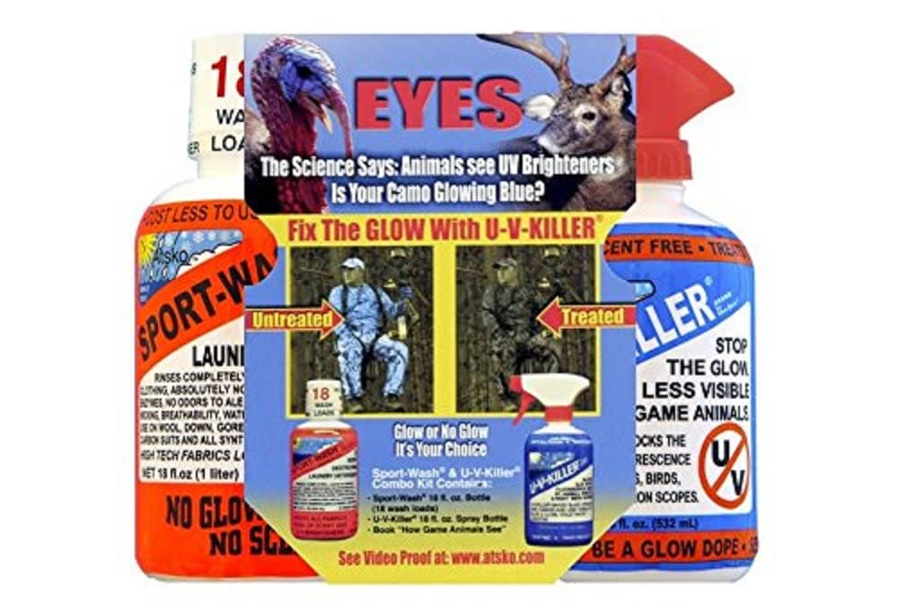 Atsko U-V-Killer bottle blocks UV glare for camo gear, supporting concealment.