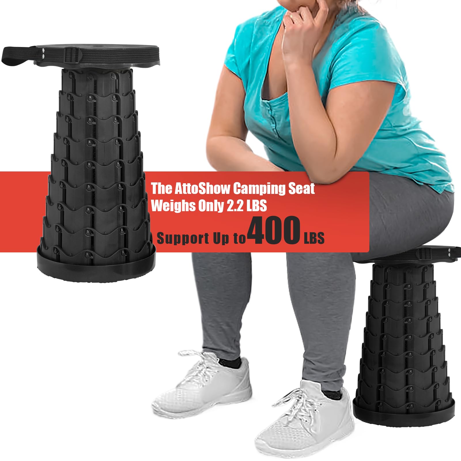 AttoShow camping-ready stool for outdoor use during fishing or hiking.