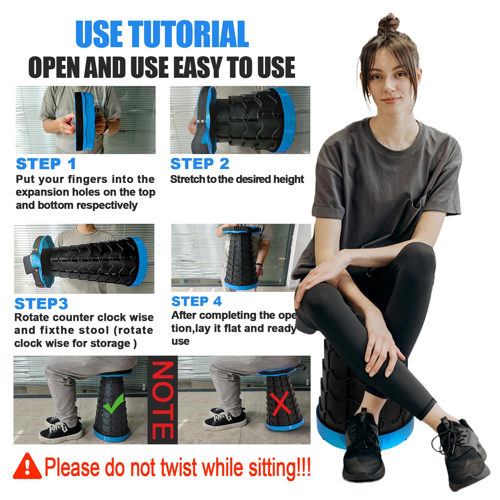 AttoShow blue stool with shoulder strap enables easy carrying on outdoor trips