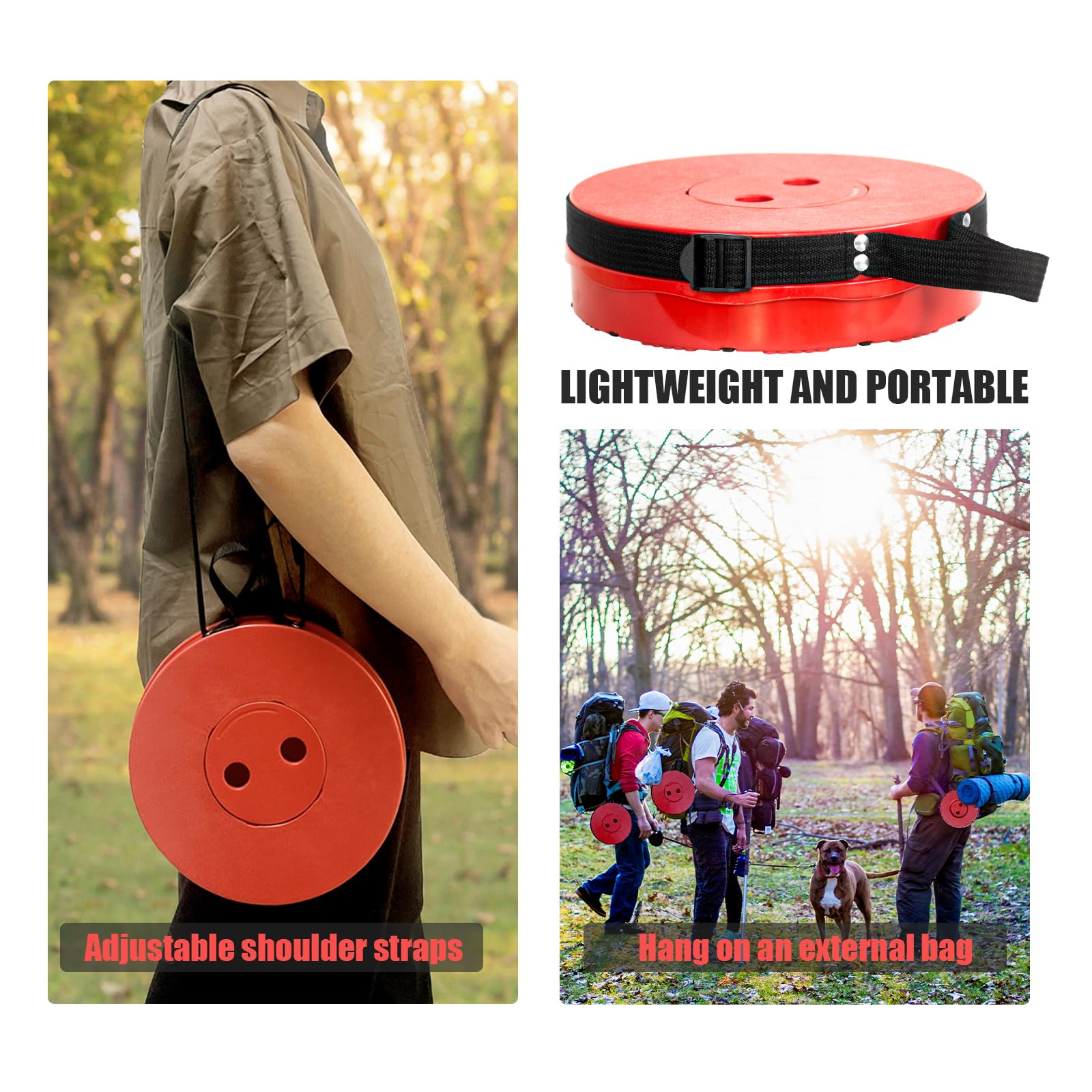 AttoShow collapsible stool red with non-slip bottom on uneven ground.