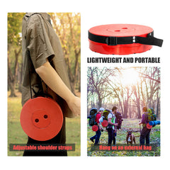 AttoShow collapsible stool red with non-slip bottom on uneven ground.