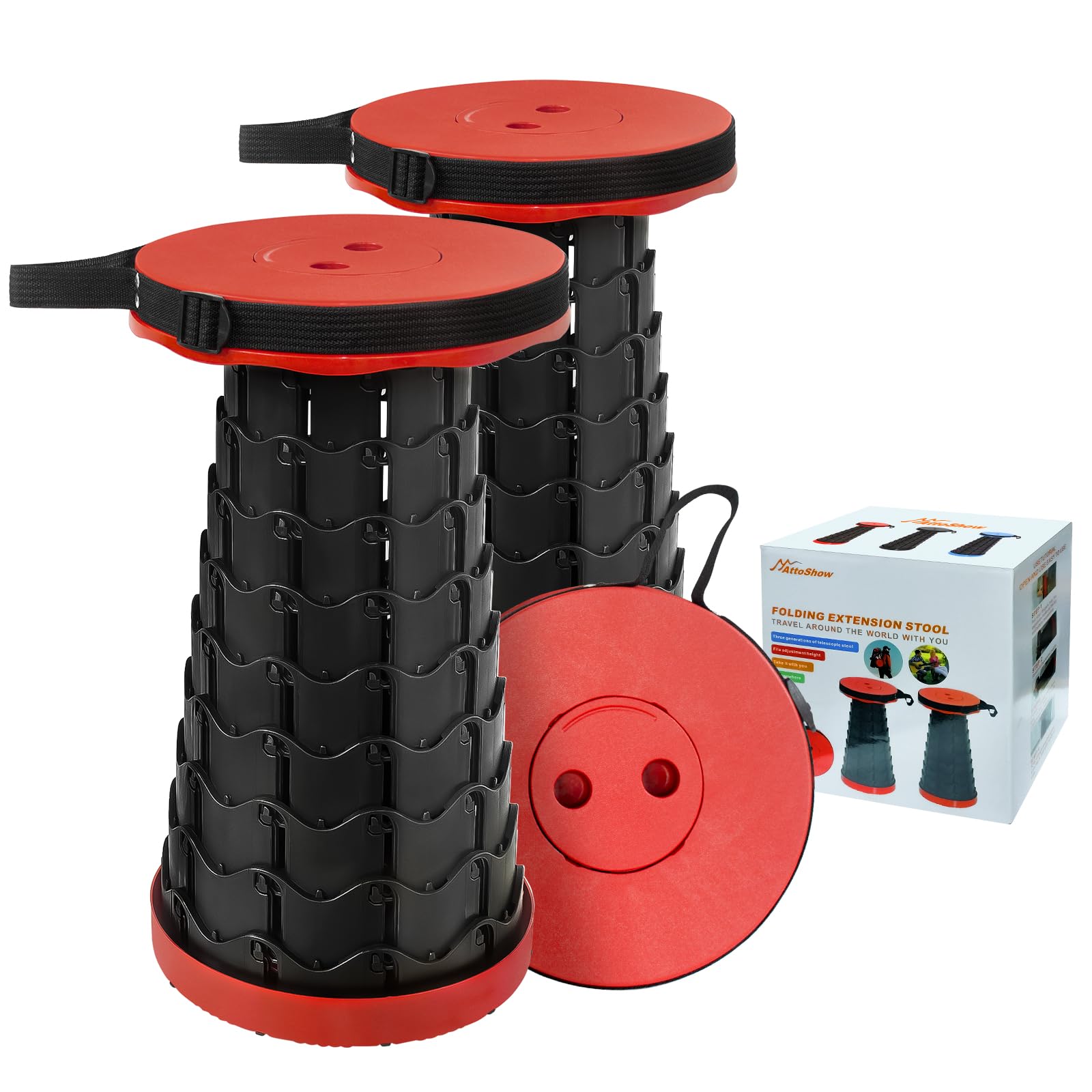 AttoShow collapsible stool red open for portable outdoor seating during camping trips.