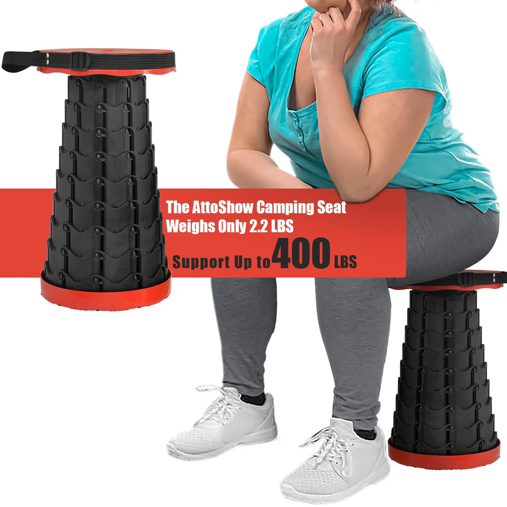 AttoShow red portable stool with shoulder strap for easy carrying.