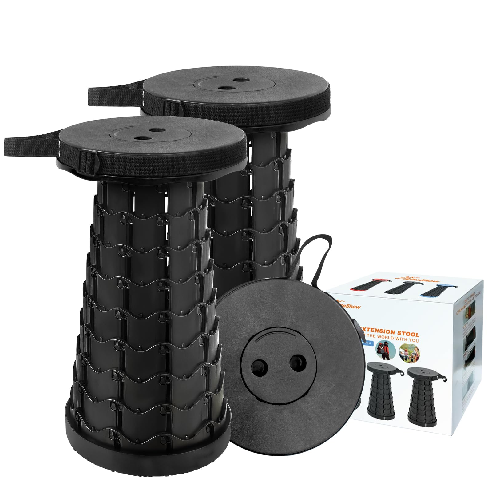 AttoShow collapsible stool set closed for compact portability on camping trips.