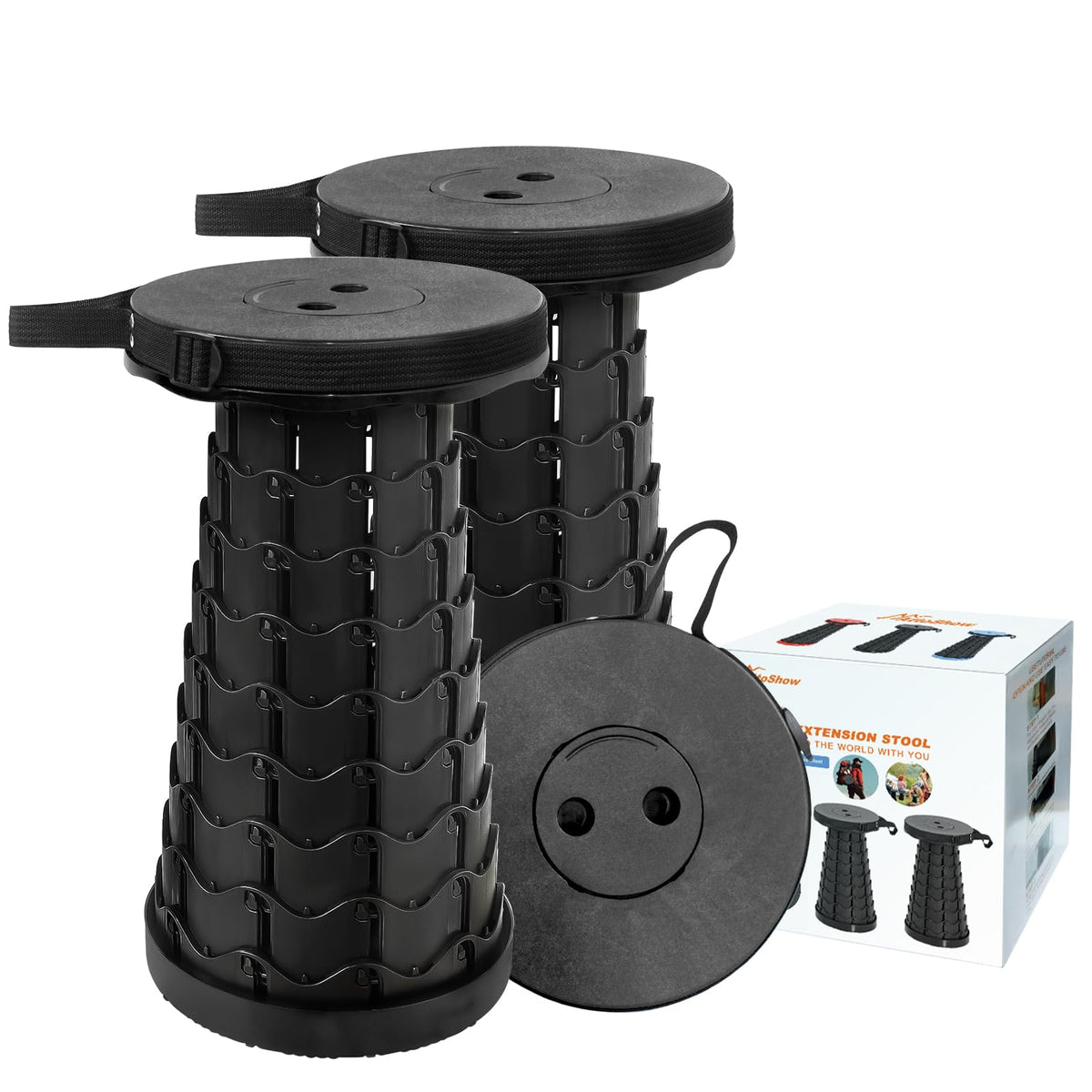 AttoShow collapsible stool set closed for compact portability on camping trips.