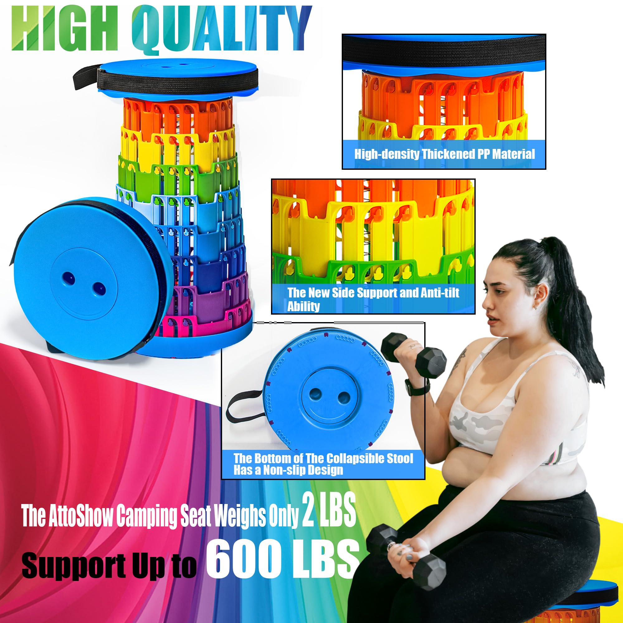 AttoShow rainbow folding stool with non-slip base for stable seating