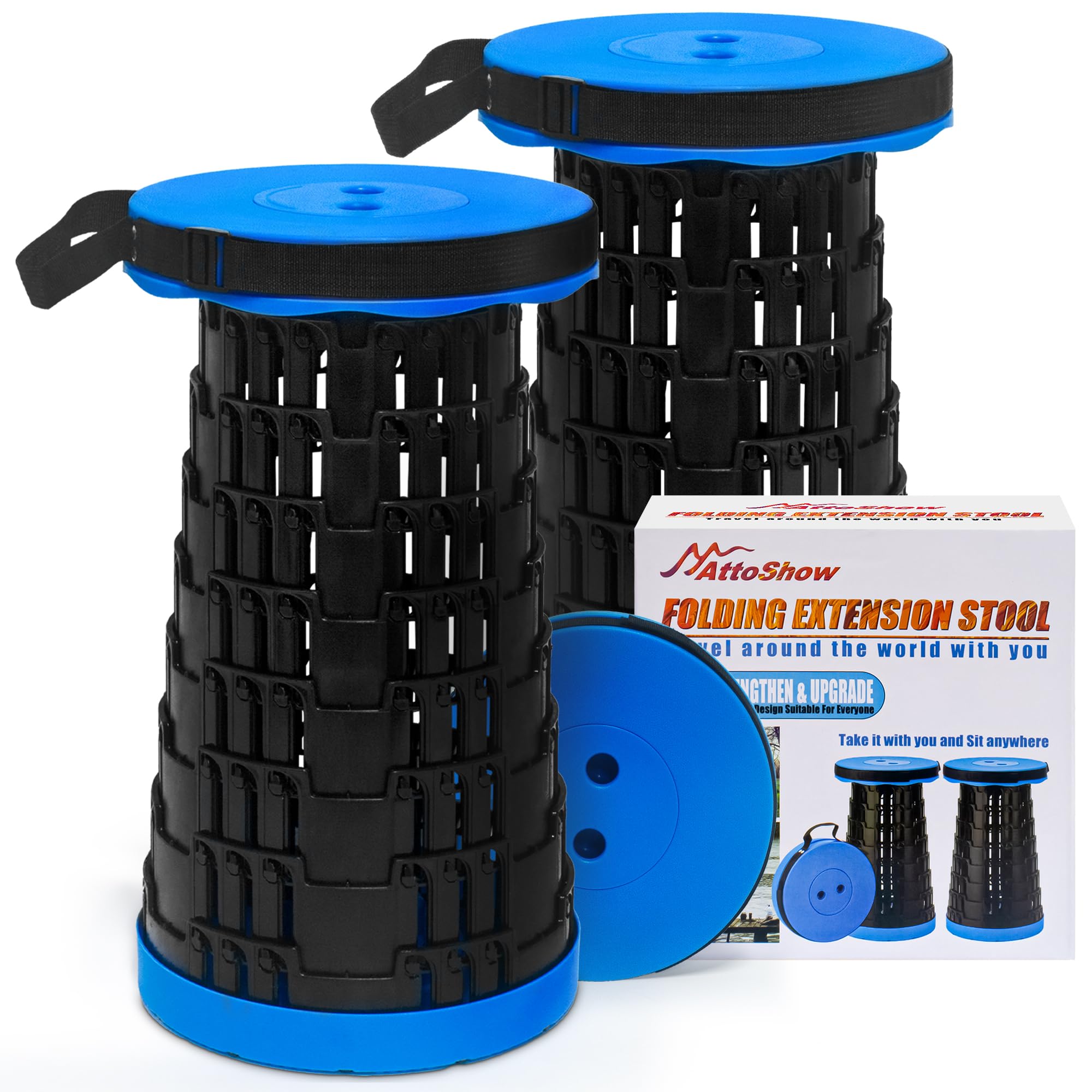 AttoShow upgraded collapsible stool blue open for outdoor seating on camping trips.