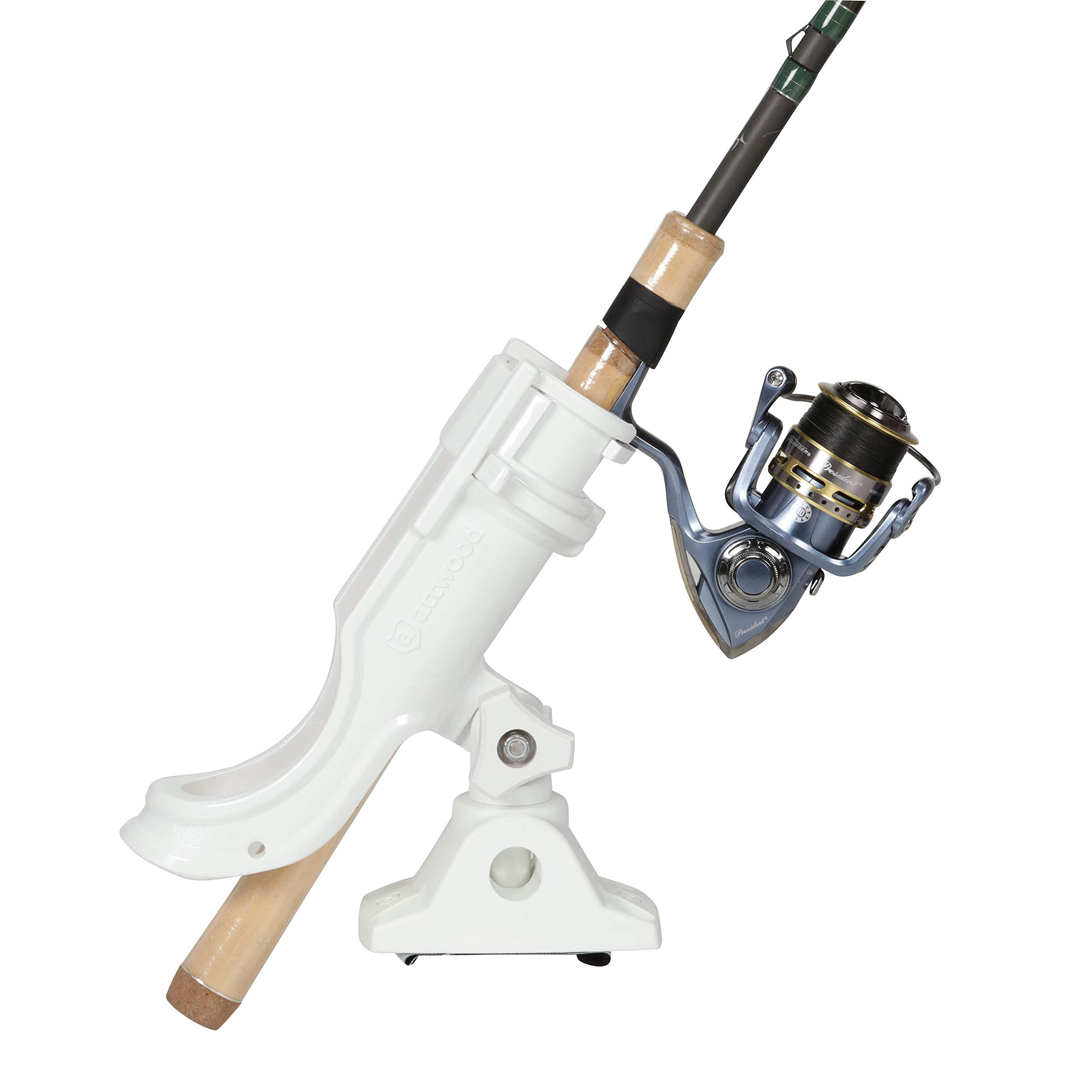 White Attwood 5009W4 rod holder integrated on boat rail for clean look.